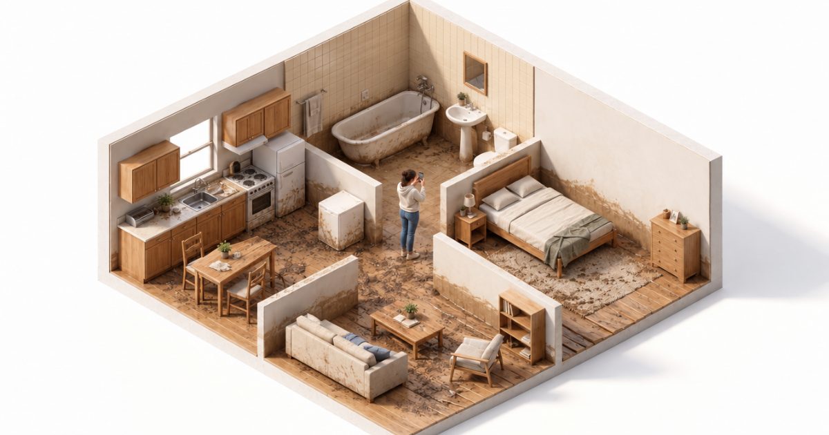 Ilustración de una casa con barro en el piso y marca de agua en los muros, con una persona fotografiando los daños