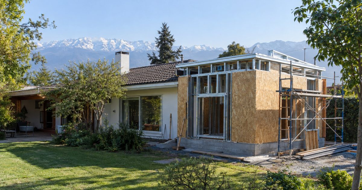Casa de un piso con jardín y una ampliación en construcción, con la cordillera de fondo
