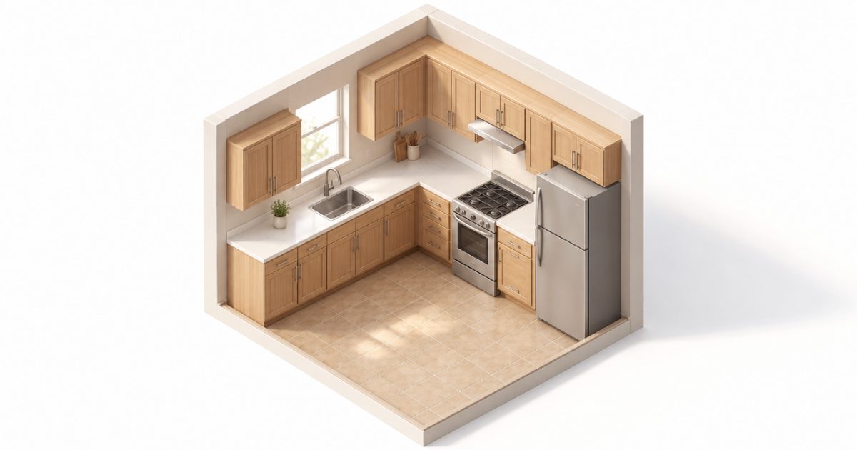 Ilustración de una cocina con muebles nuevos de madera clara y cubierta de cuarzo blanca