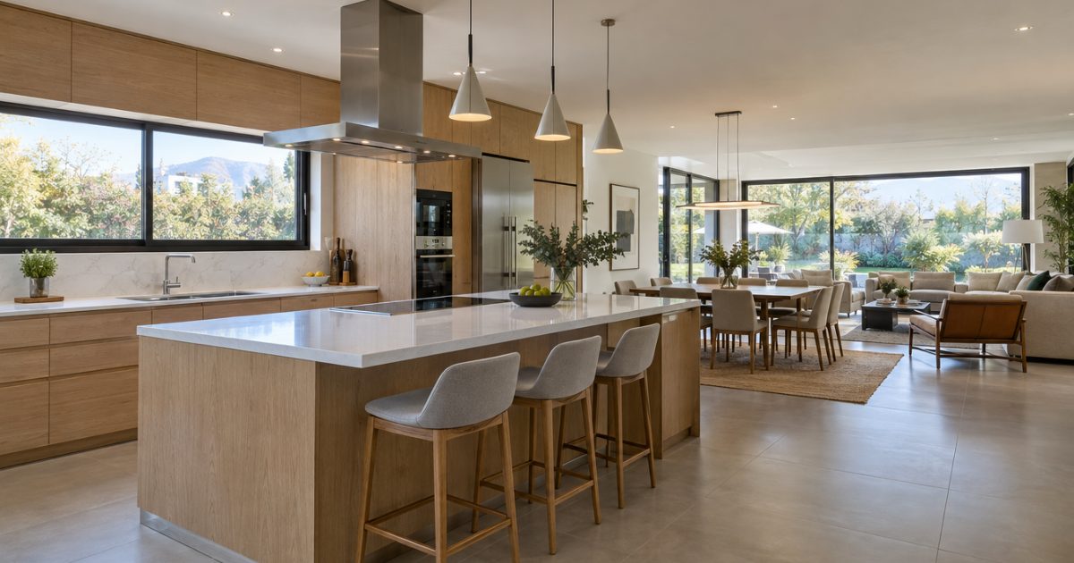 Cocina abierta con isla de cuarzo blanco integrada al comedor y al living de una casa