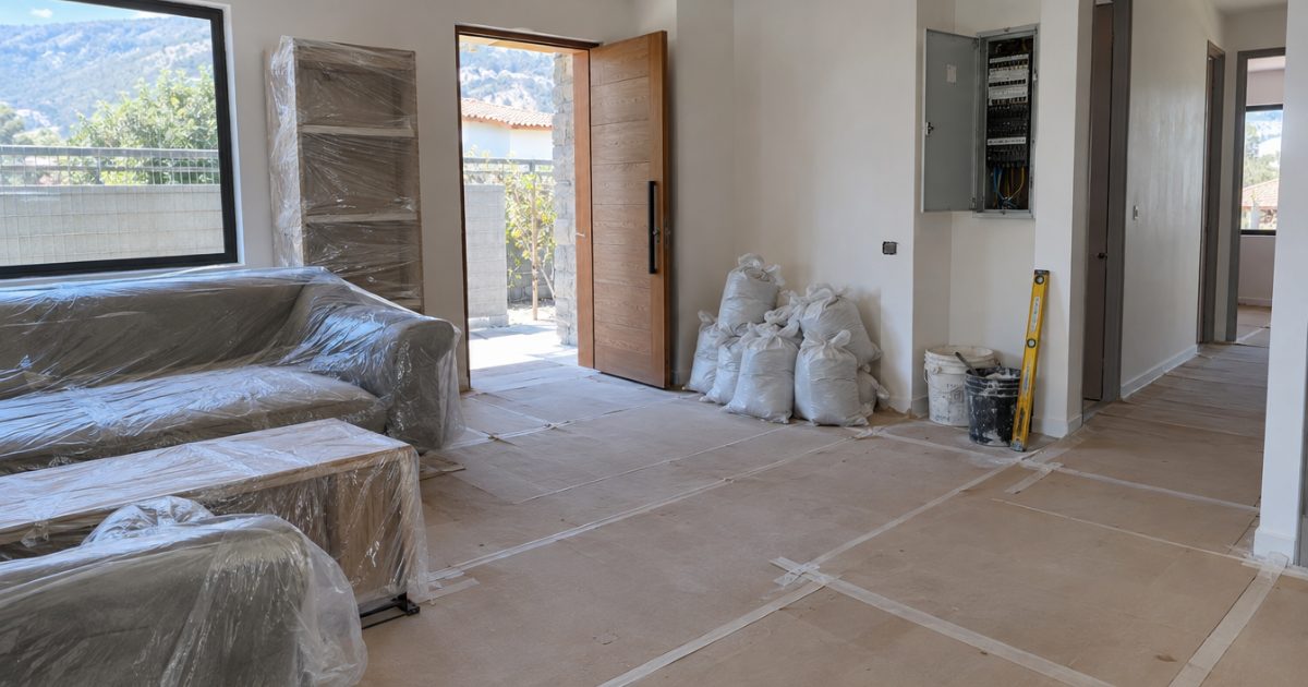 Interior en remodelación con el piso protegido con cartón, muebles cubiertos con plástico y sacos de escombros