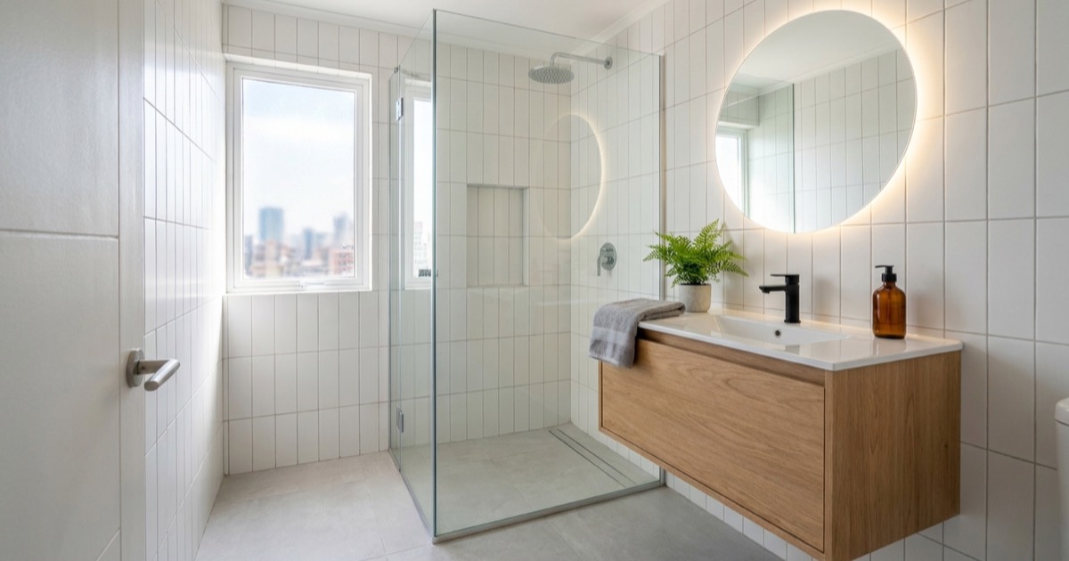 Baño remodelado con ducha de vidrio, porcelanato y vanitorio (imagen referencial)