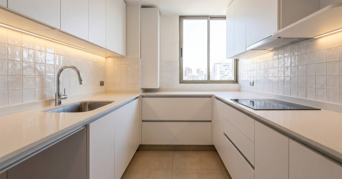 Cocina remodelada con muebles blancos y cubierta de cuarzo (imagen referencial)