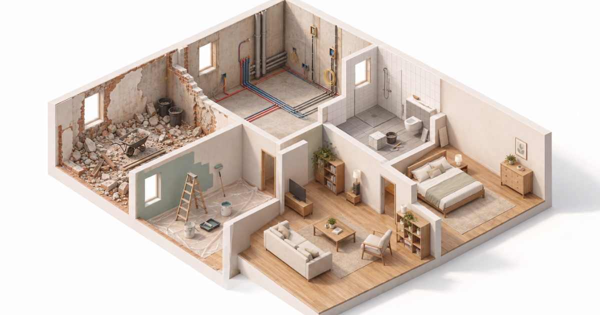 Ilustración de una casa con cada recinto en una etapa distinta de la obra: demolición, instalaciones, revestimientos, pintura y terminado