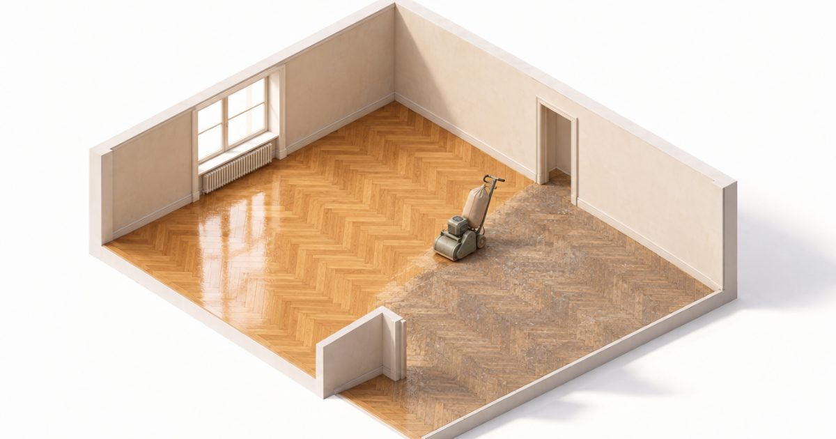 Ilustración de un living con parquet en espiga, mitad recién pulido y vitrificado y mitad antiguo