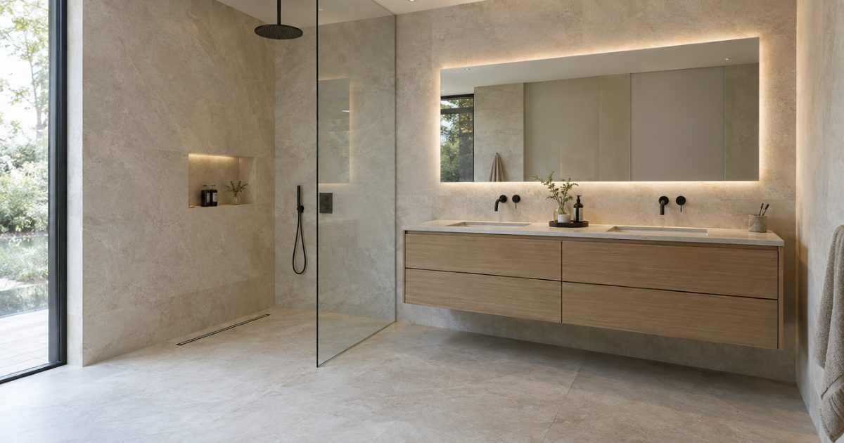 Baño principal con ducha a ras de piso, porcelanato de gran formato y vanitorio doble de madera