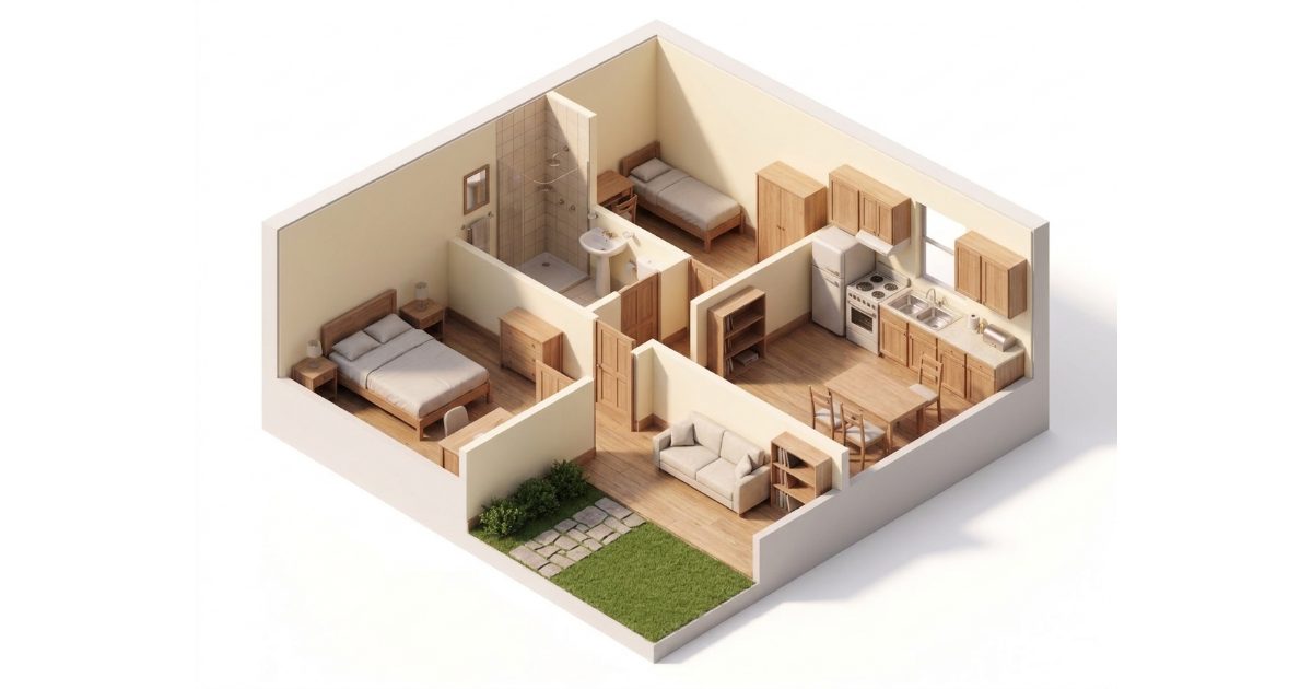 Ilustración de una casa de 2 dormitorios y 1 baño vista desde arriba