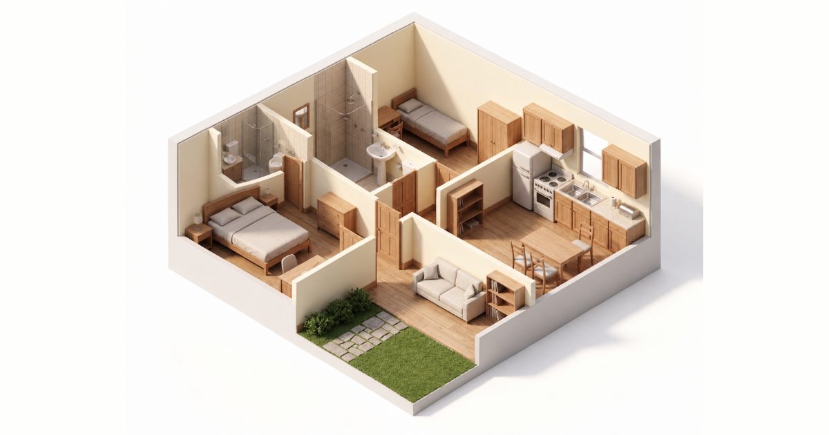 Ilustración de una casa de 2 dormitorios y 2 baños vista desde arriba