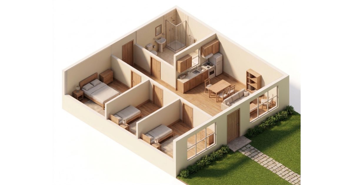 Ilustración de una casa de 3 dormitorios y 1 baño vista desde arriba