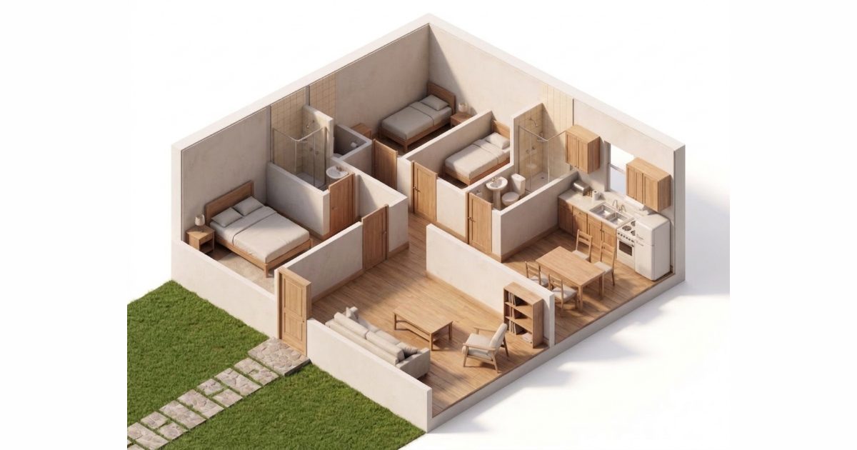 Ilustración de una casa de 3 dormitorios y 2 baños vista desde arriba