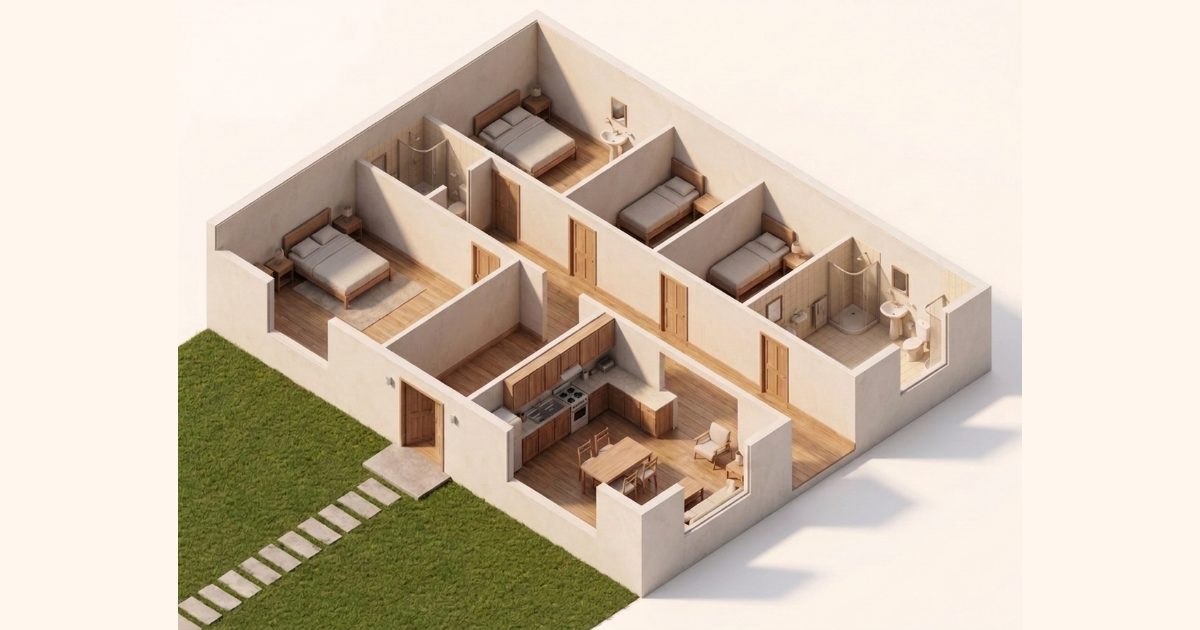 Ilustración de una casa de 4 dormitorios y 2 baños vista desde arriba
