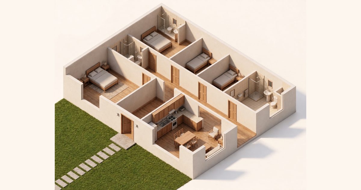 Ilustración de una casa de 4 dormitorios y 3 baños vista desde arriba