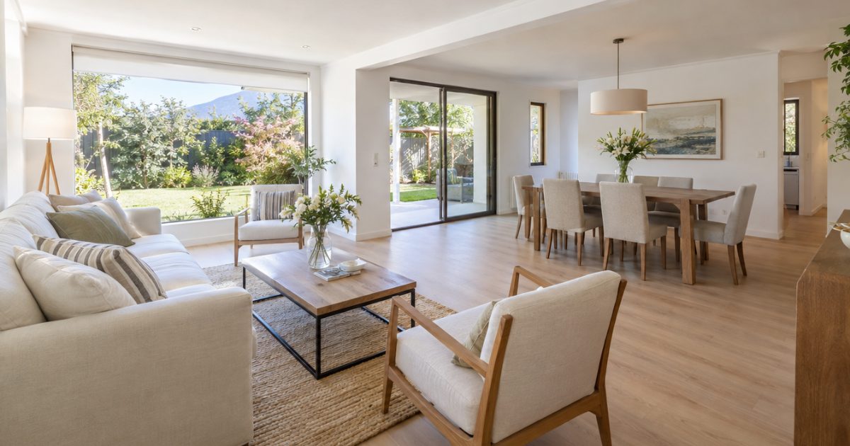Living y comedor recién renovados, con muros blancos y piso de madera clara, listos para mostrar