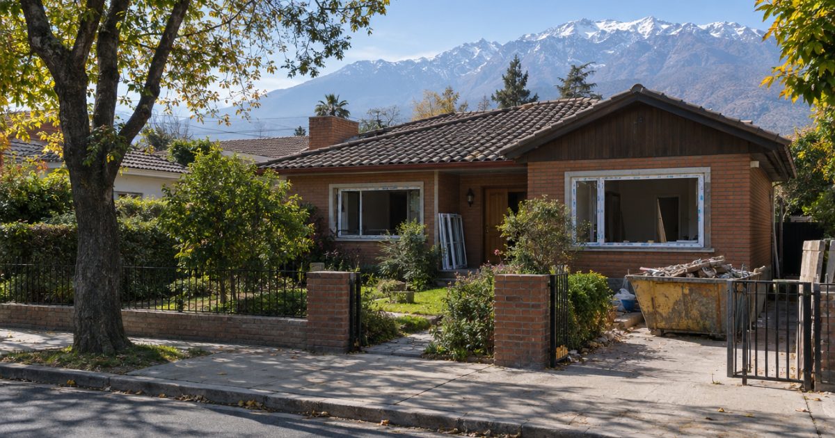 Casa de un piso de los años 80 en remodelación, en una calle arbolada con la cordillera de fondo