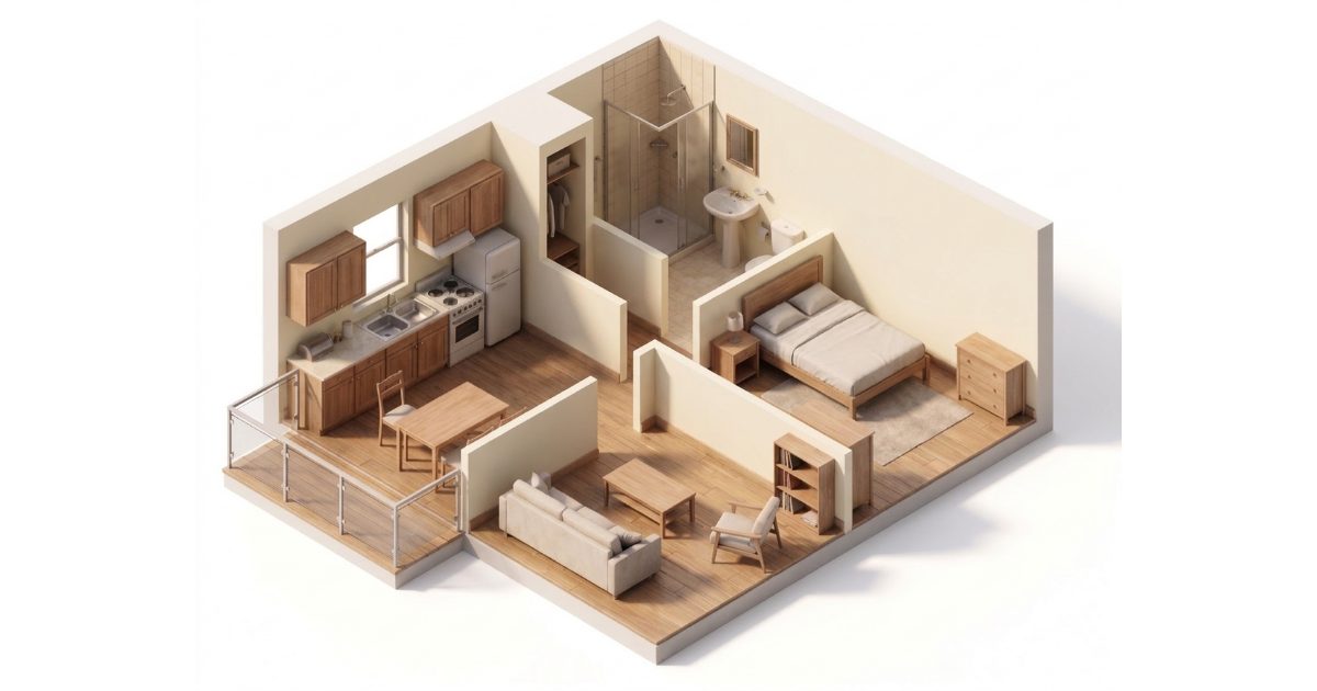 Ilustración de un departamento de 1 dormitorio y 1 baño vista desde arriba