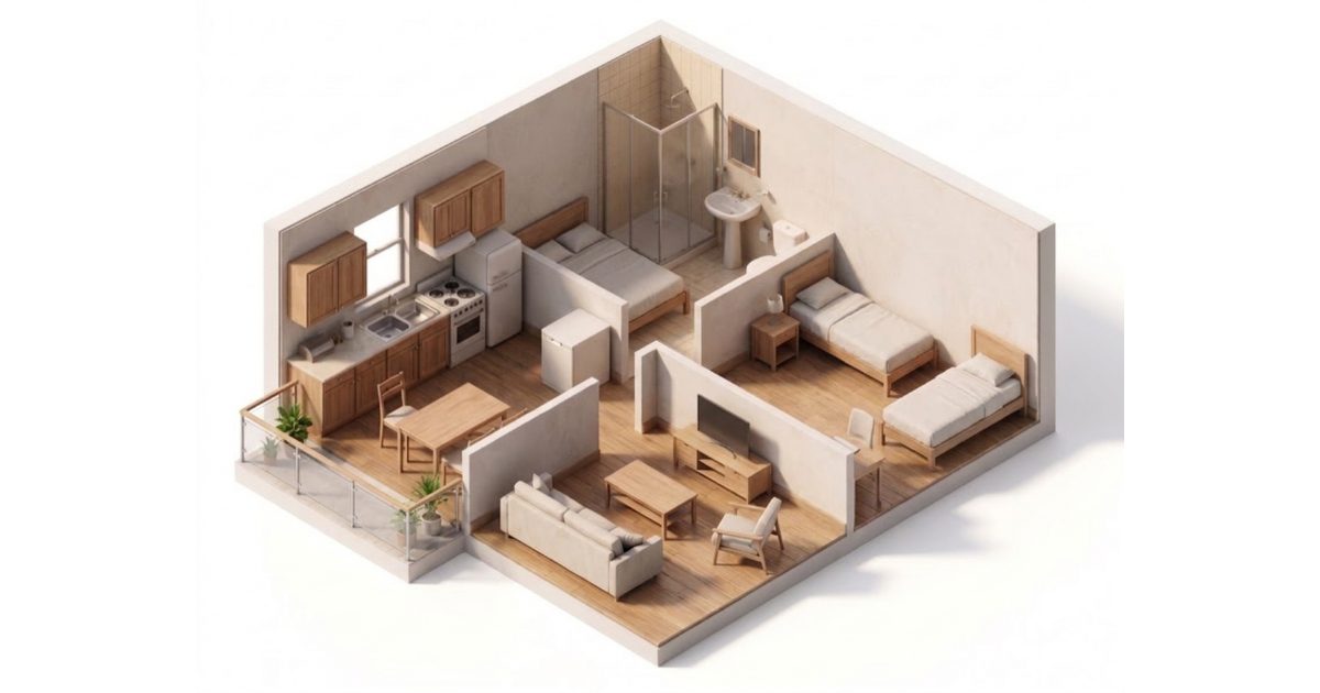 Ilustración de un departamento de 2 dormitorios y 1 baño vista desde arriba