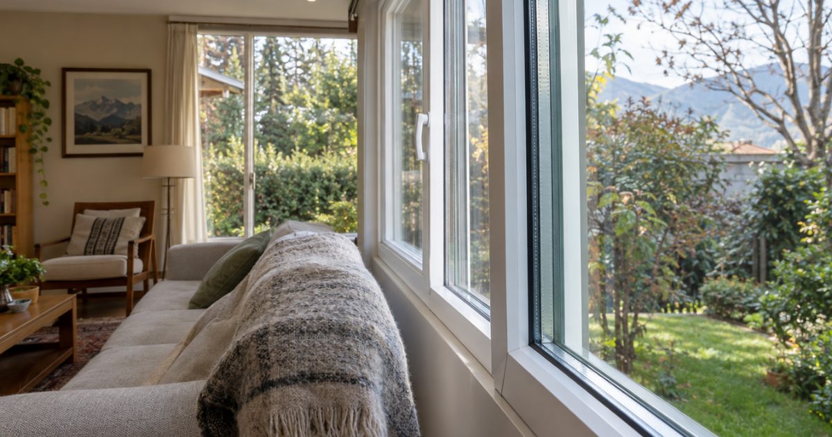 Living de una casa con ventanas nuevas de PVC termopanel que dan a un jardín